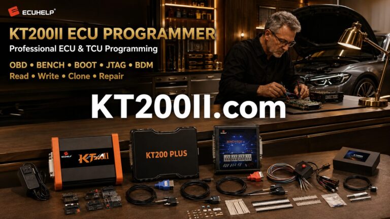 KT200II connected to an Opel Bosch EDC17C59 TC1767 ECU for Bench wiring verification, identification, original backup, reading and writing
