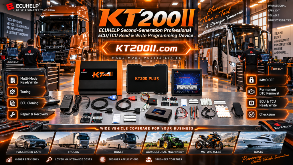 KT200II ECU programmer connected to a transmission control unit for professional TCU programming