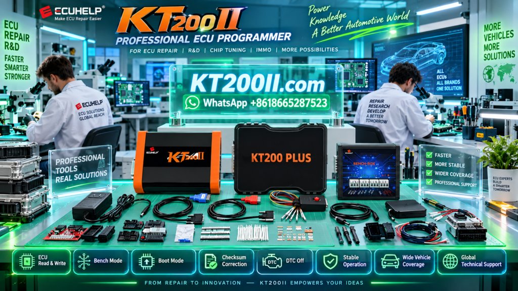 KT200II ECU Programmer connected to a TCU transmission control unit for Bench read write backup and programming