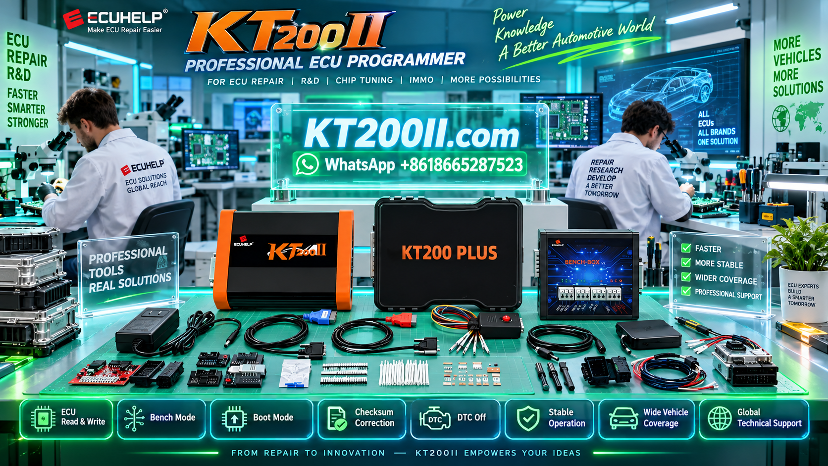 KT200II ECU Programmer connected to a TCU transmission control unit for Bench read write backup and programming