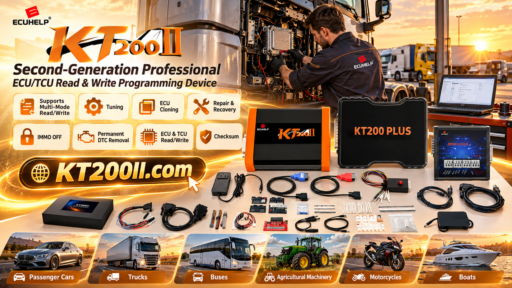 Technician preparing a TCU for reading and programming with the KT200II ECU programmer