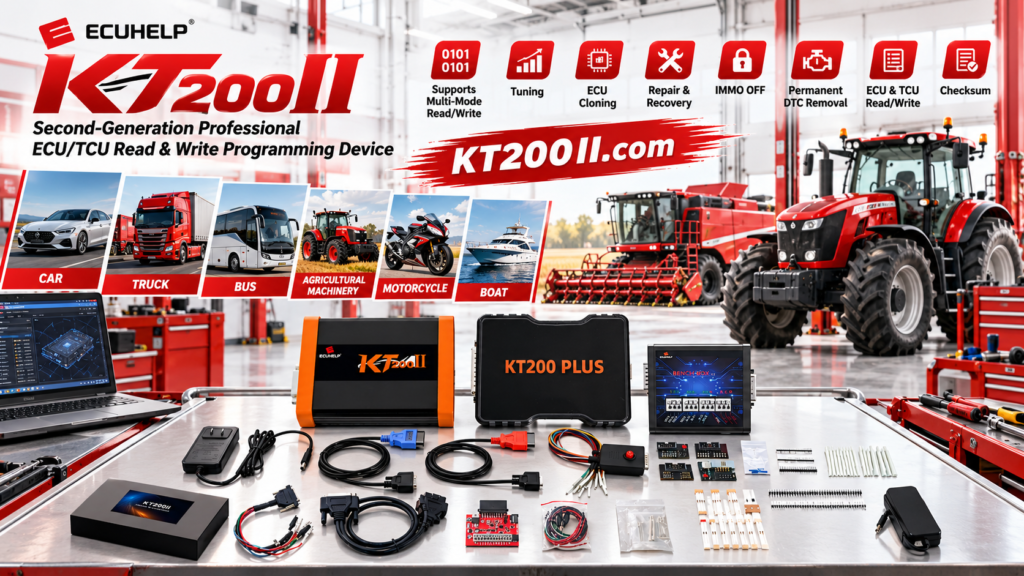 KT200II technician programming a supported TCU on a professional workshop bench