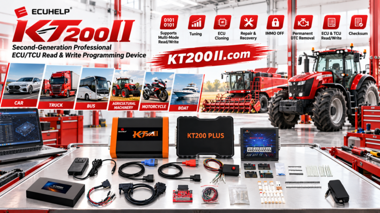 KT200II technician programming a supported TCU on a professional workshop bench