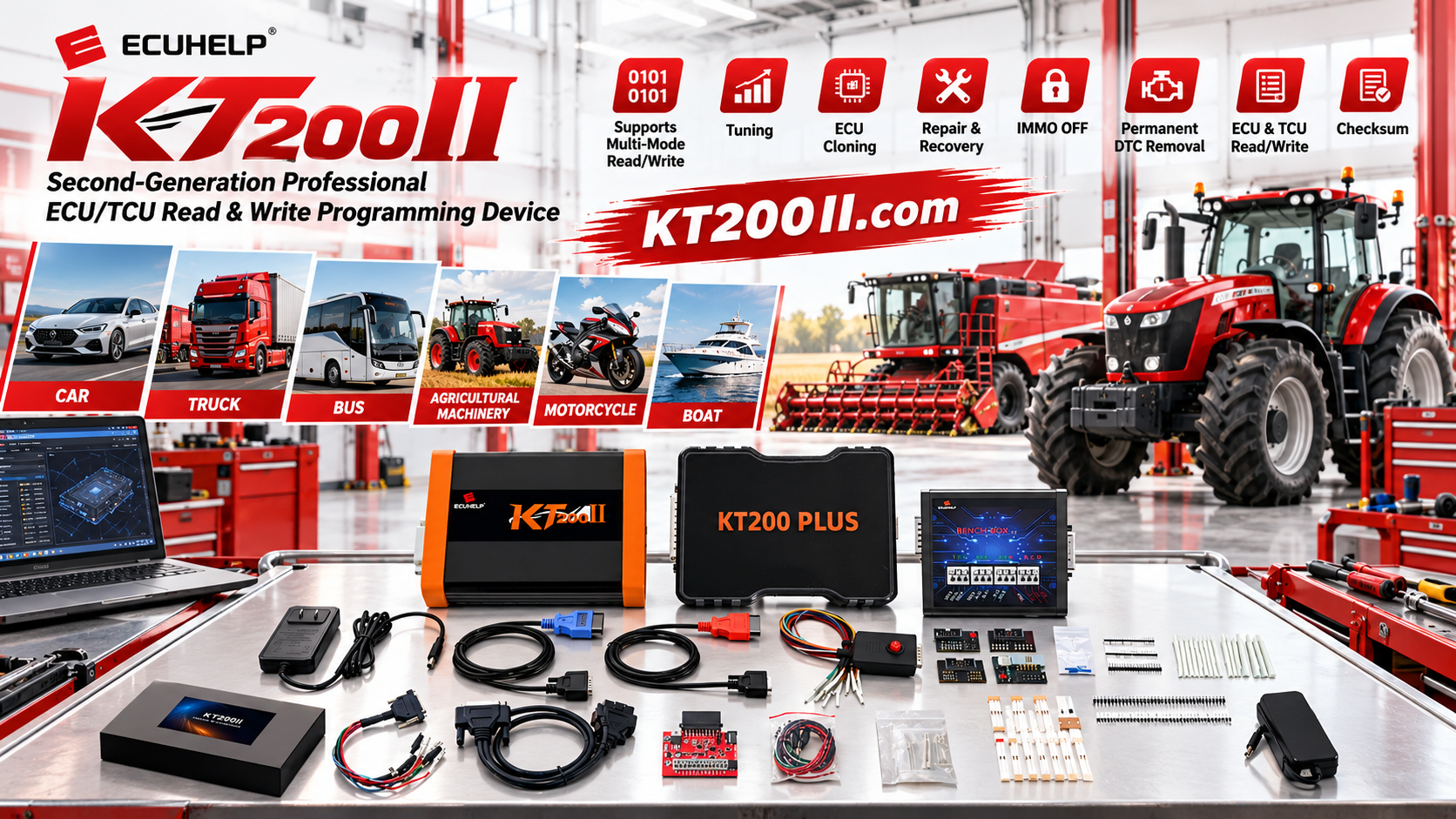 KT200II technician programming a supported TCU on a professional workshop bench
