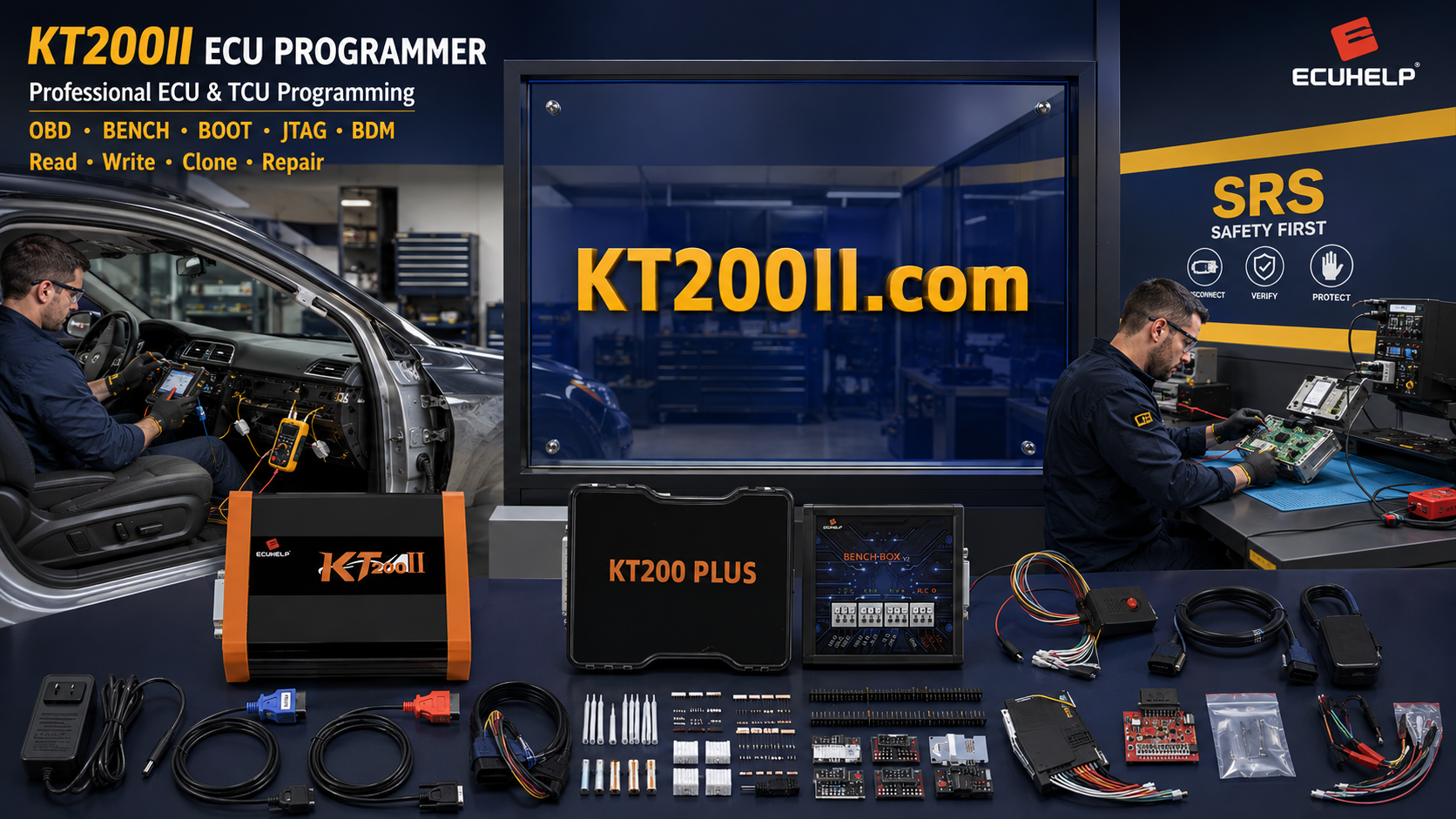 KT200II connected to a VAG Bosch EDC17C46 TC1767 ECU for Bench wiring, original backup, reading, writing and 14 percent error troubleshooting