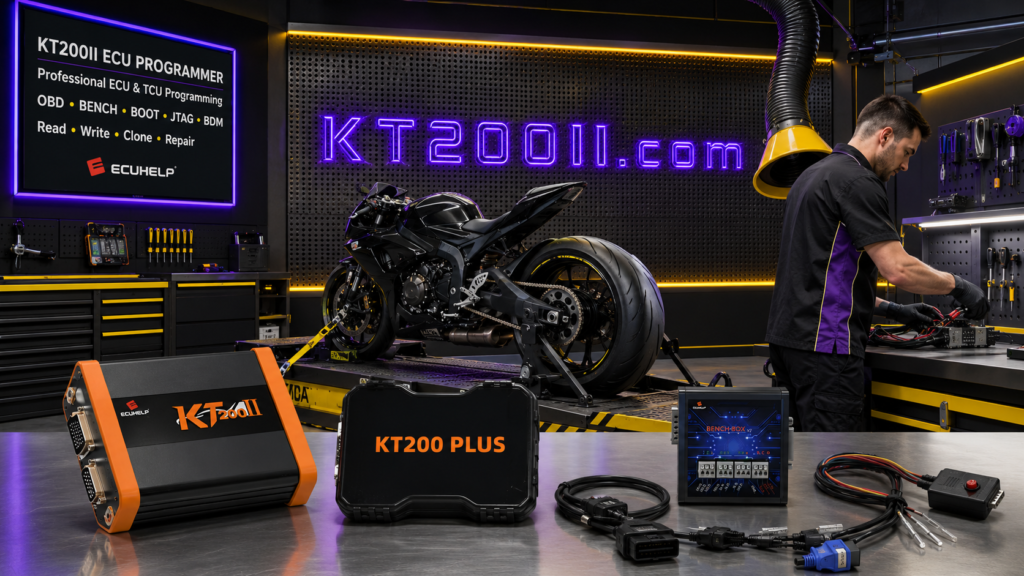 KT200II connected to a VAG Bosch EDC17C64 TC1797 ECU for OBD virtual reading, Bench wiring, original backup and safe writing