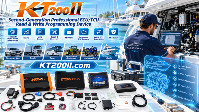 Technician comparing vehicle VIN and ECU identification before using the KT200II ECU programmer