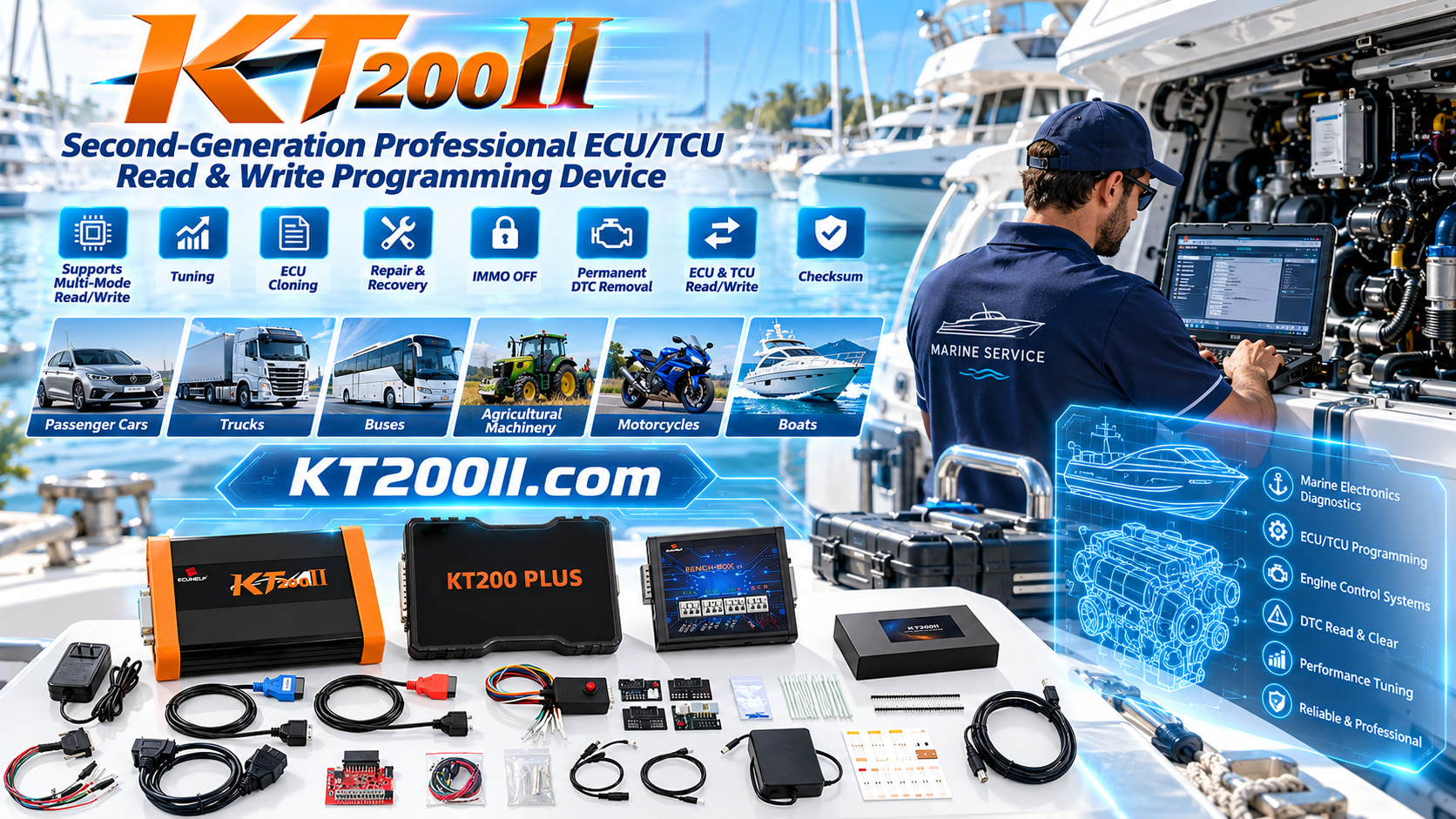 Technician comparing vehicle VIN and ECU identification before using the KT200II ECU programmer