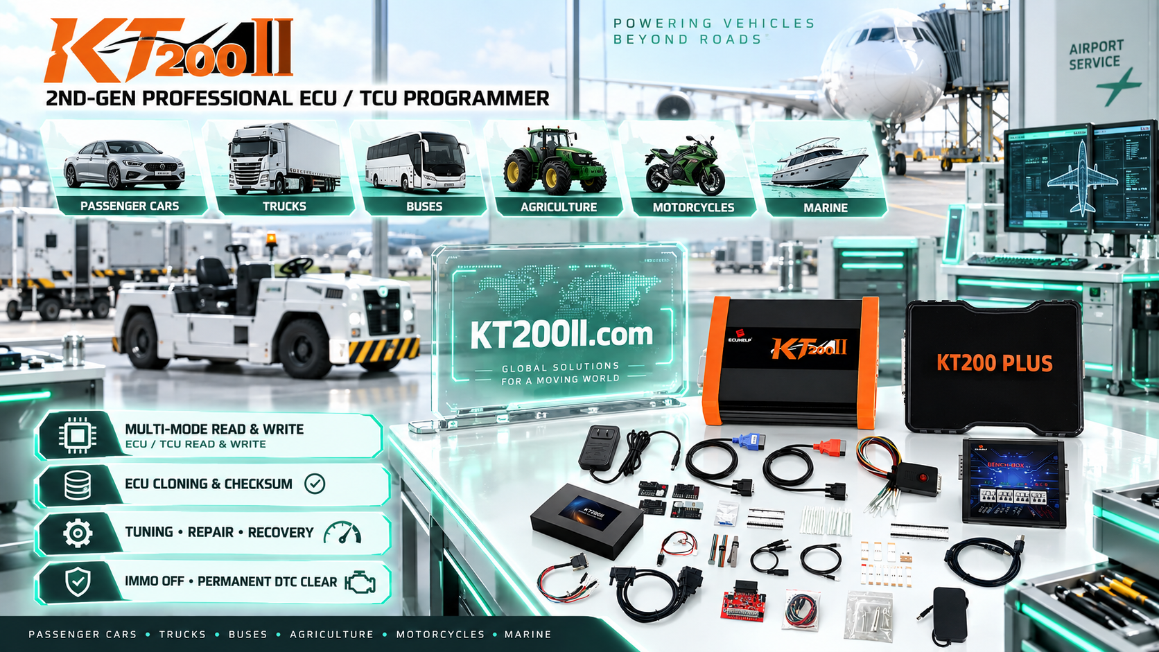 KT200II ZF 8HP TCU programming setup with transmission control unit and professional bench harness