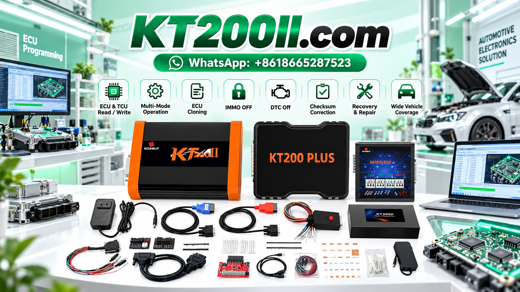 KT200II ECU programmer prepared for agricultural machinery engine control unit programming in a professional equipment repair workshop