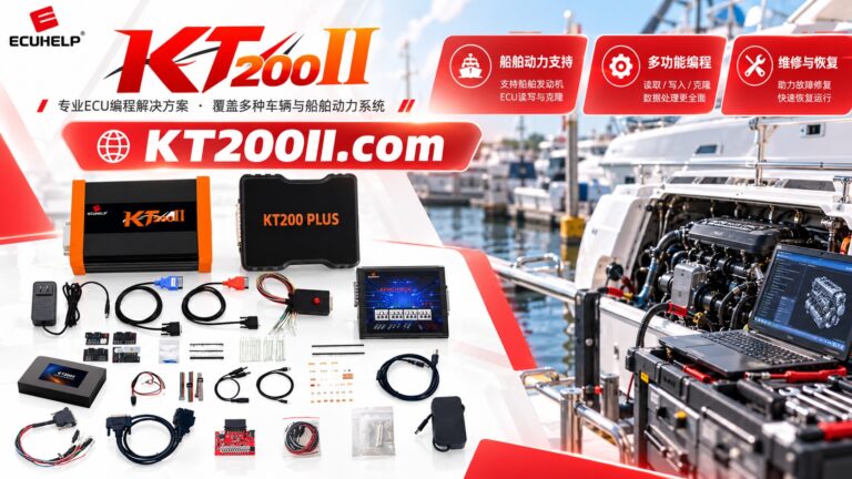 KT200II ECU programmer connected to an automotive engine control unit on a professional electronics workbench for Bench programming