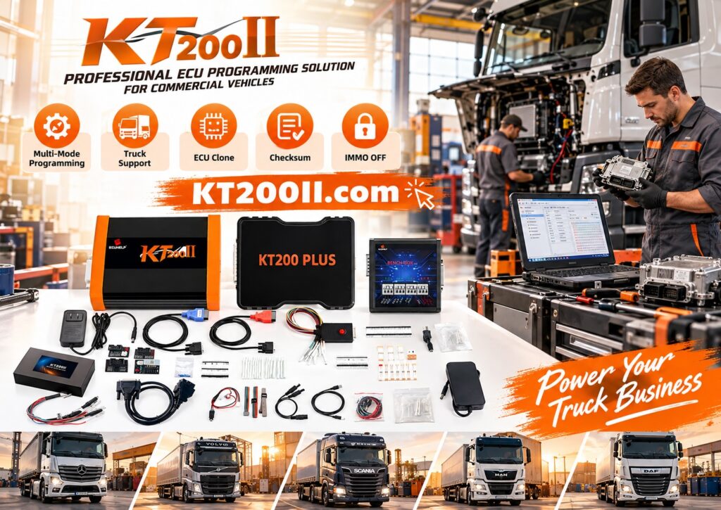 KT200II ECU programmer and automotive control unit illustrating Flash memory and EEPROM data reading for ECU diagnostics and repair