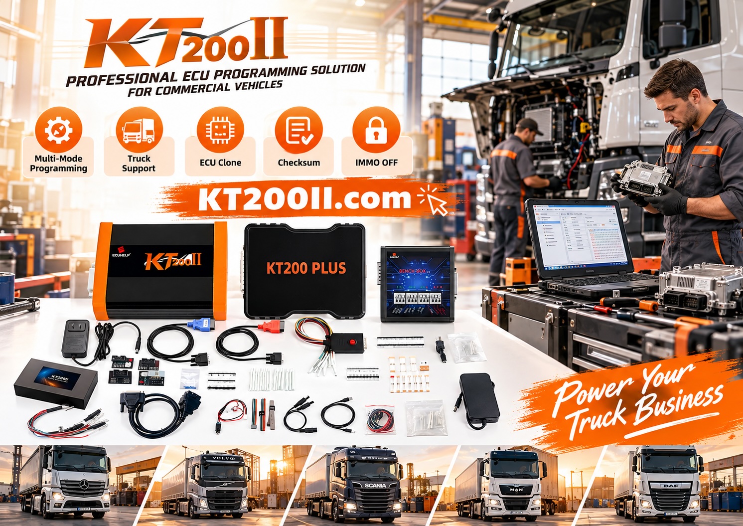 KT200II ECU programmer and automotive control unit illustrating Flash memory and EEPROM data reading for ECU diagnostics and repair