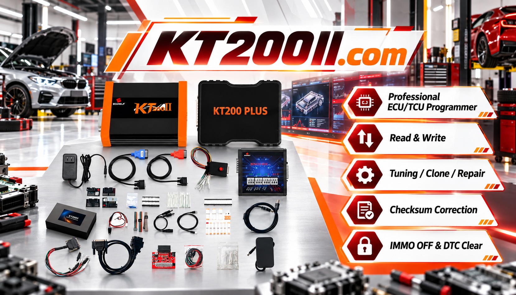 KT200II ECU programmer prepared for diesel engine ECU programming and electronic control module diagnostics in an automotive workshop