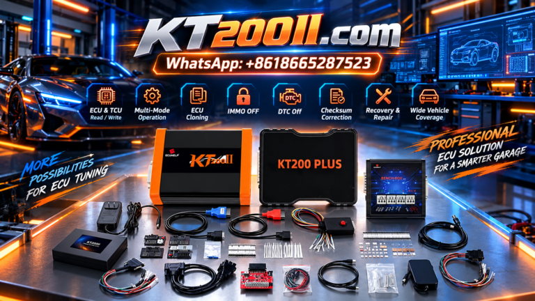 KT200II ECU programmer and engine control unit prepared for ECU checksum verification and automotive software integrity testing