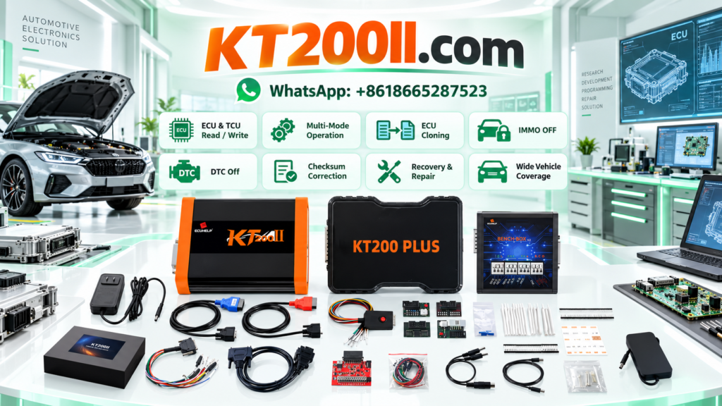 KT200II ECU programmer and automotive control unit prepared for ECU checksum verification before a supported programming operation