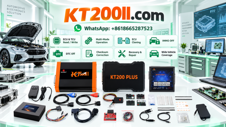 KT200II ECU programmer and automotive control unit prepared for ECU checksum verification before a supported programming operation
