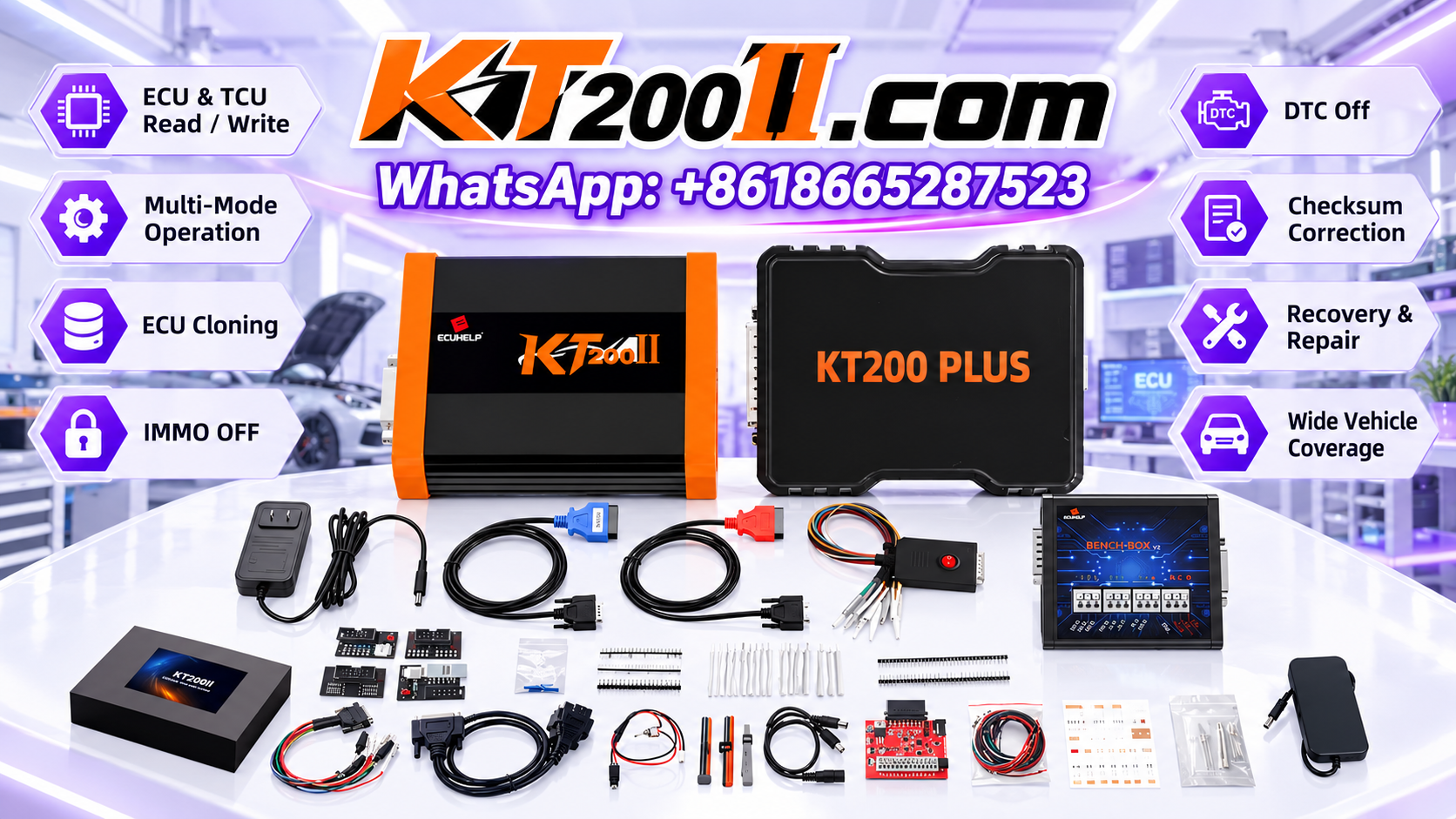 KT200II ECU programmer beside original and replacement engine control units on an automotive electronics workbench