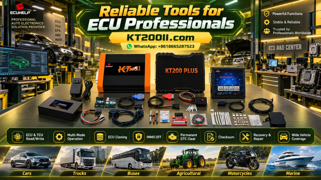 KT200II ECU programmer beside an original engine control unit and a compatible replacement ECU on an automotive electronics workbench