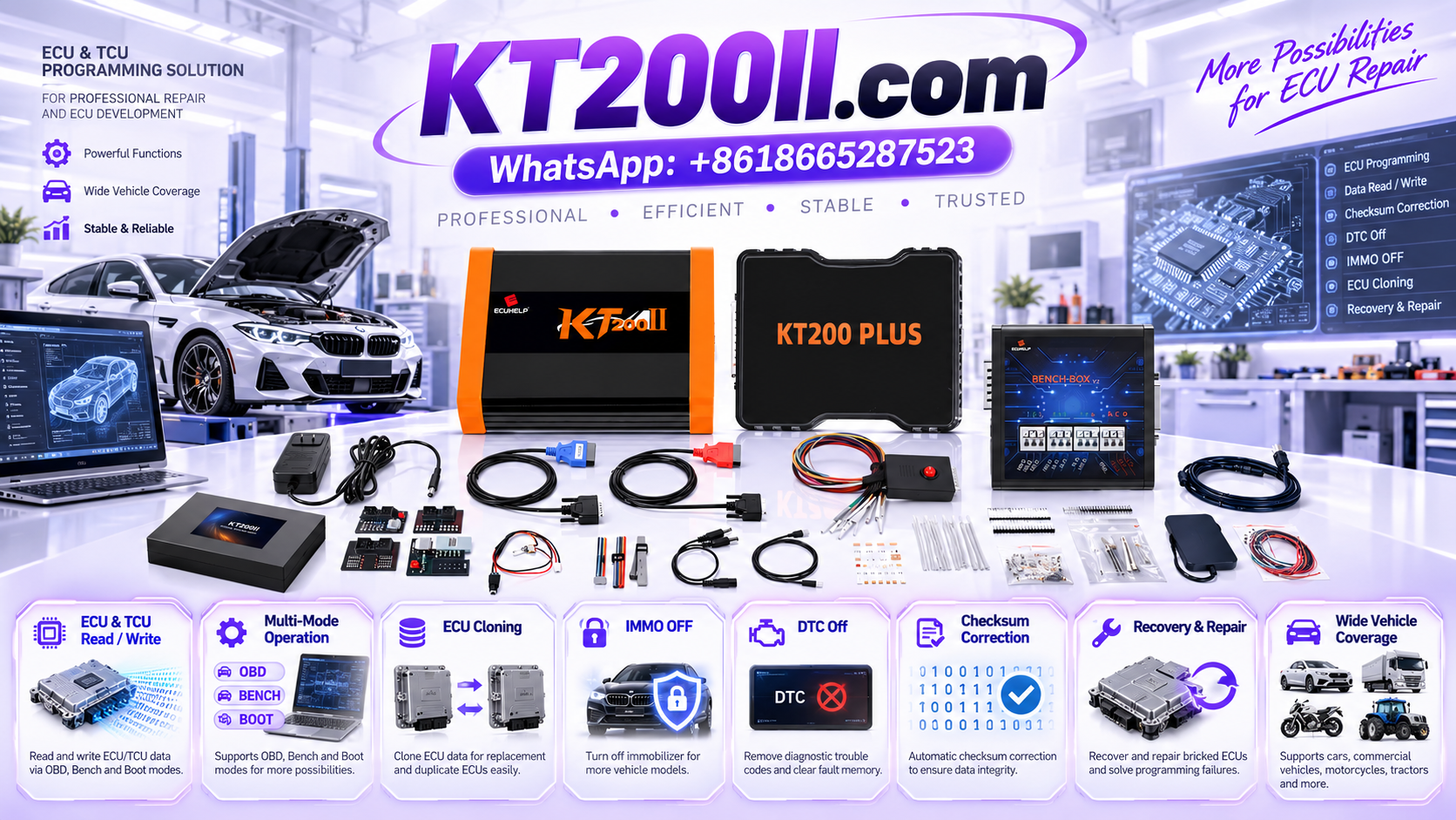 KT200II ECU programmer beside an automotive engine control unit circuit board illustrating Flash memory, EEPROM and ECU data programming