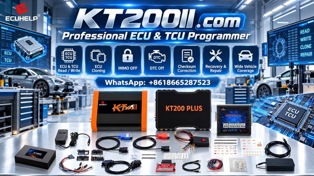 KT200II ECU programmer used for Flash and EEPROM memory operations in an automotive electronics workshop