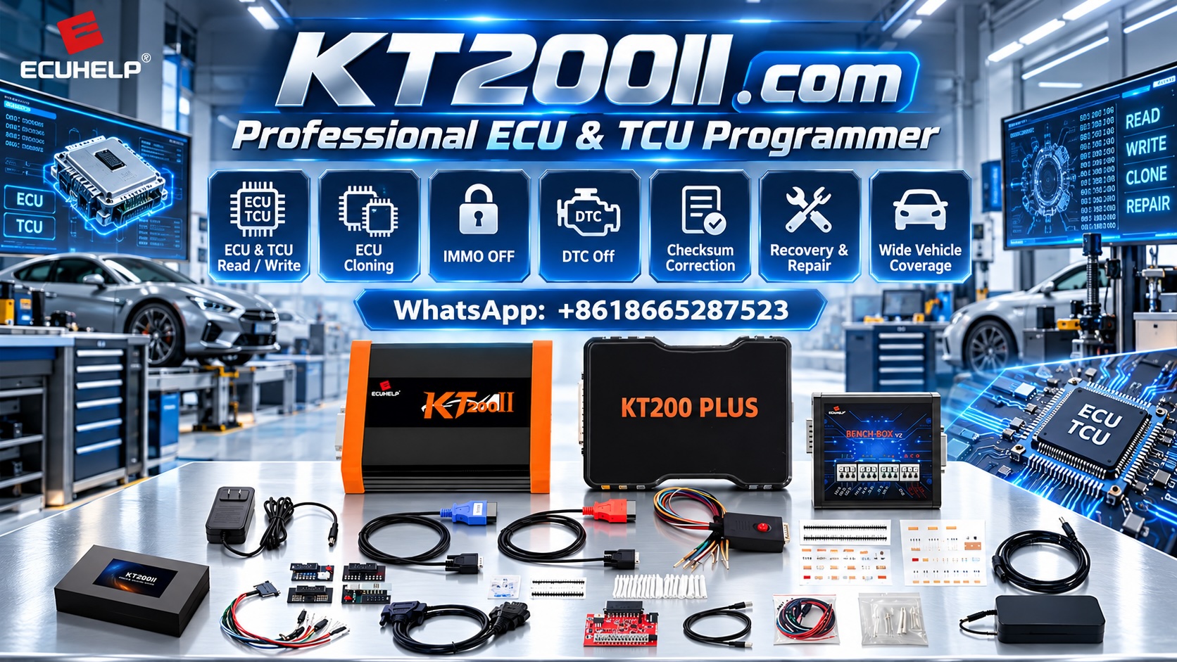 KT200II ECU programmer used for Flash and EEPROM memory operations in an automotive electronics workshop