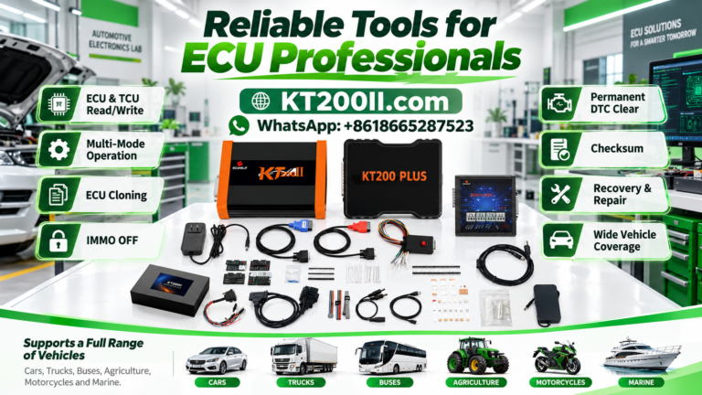 KT200II ECU programmer connected to an automotive engine control unit beside a laptop during ECU programming interruption troubleshooting in a professional electronics workshop