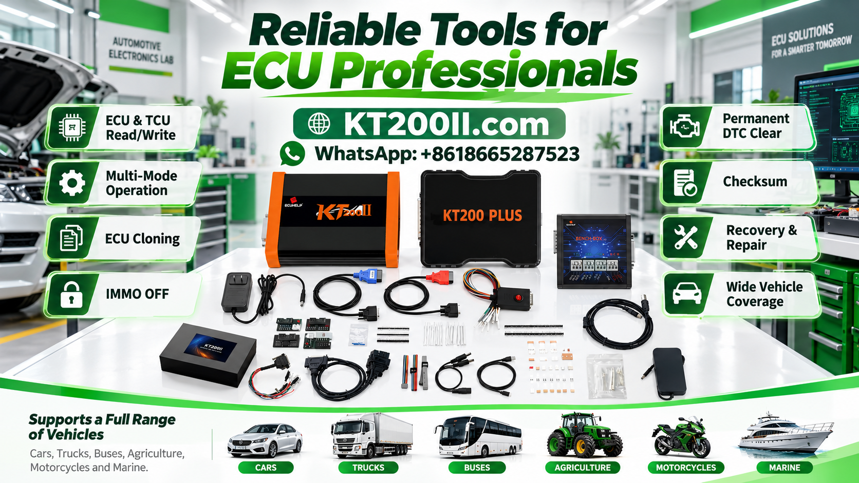 KT200II ECU programmer connected to an automotive engine control unit beside a laptop during ECU programming interruption troubleshooting in a professional electronics workshop
