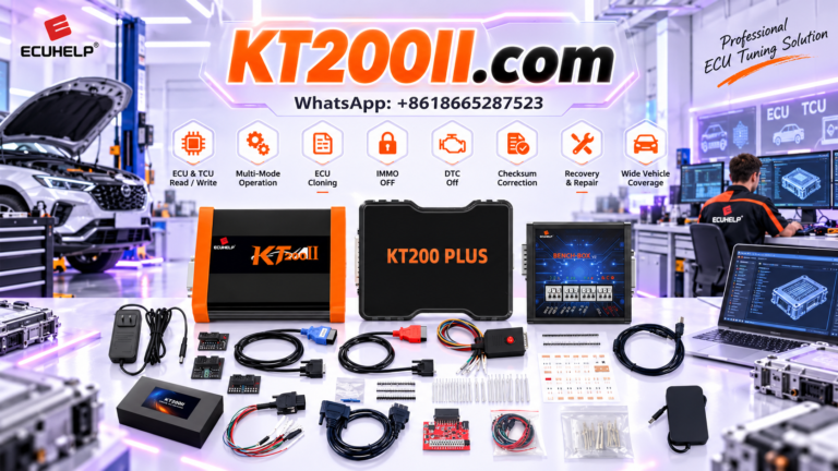KT200II ECU and TCU programmer used for engine control unit and transmission control unit programming in an automotive electronics workshop