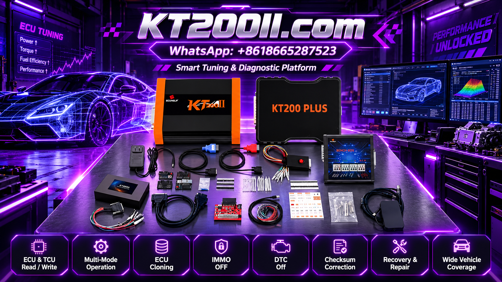 KT200II ECU programmer connected to an engine control unit beside a laptop displaying ECU identification and memory read information on a professional electronics workbench