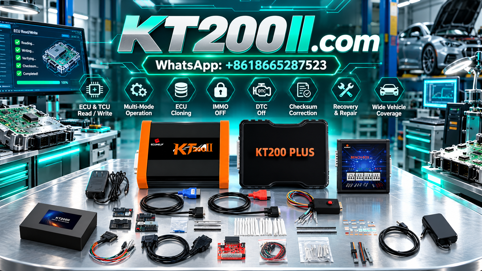 ECUHELP KT200II ECU programmer prepared for heavy-duty diesel engine control unit programming in a commercial vehicle workshop