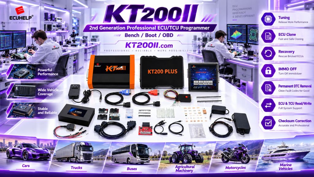 Technician searching the KT200II supported ECU database before selecting a programming method