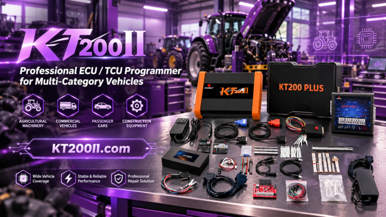 KT200II ECU programmer performing ECU bench programming on automotive control unit