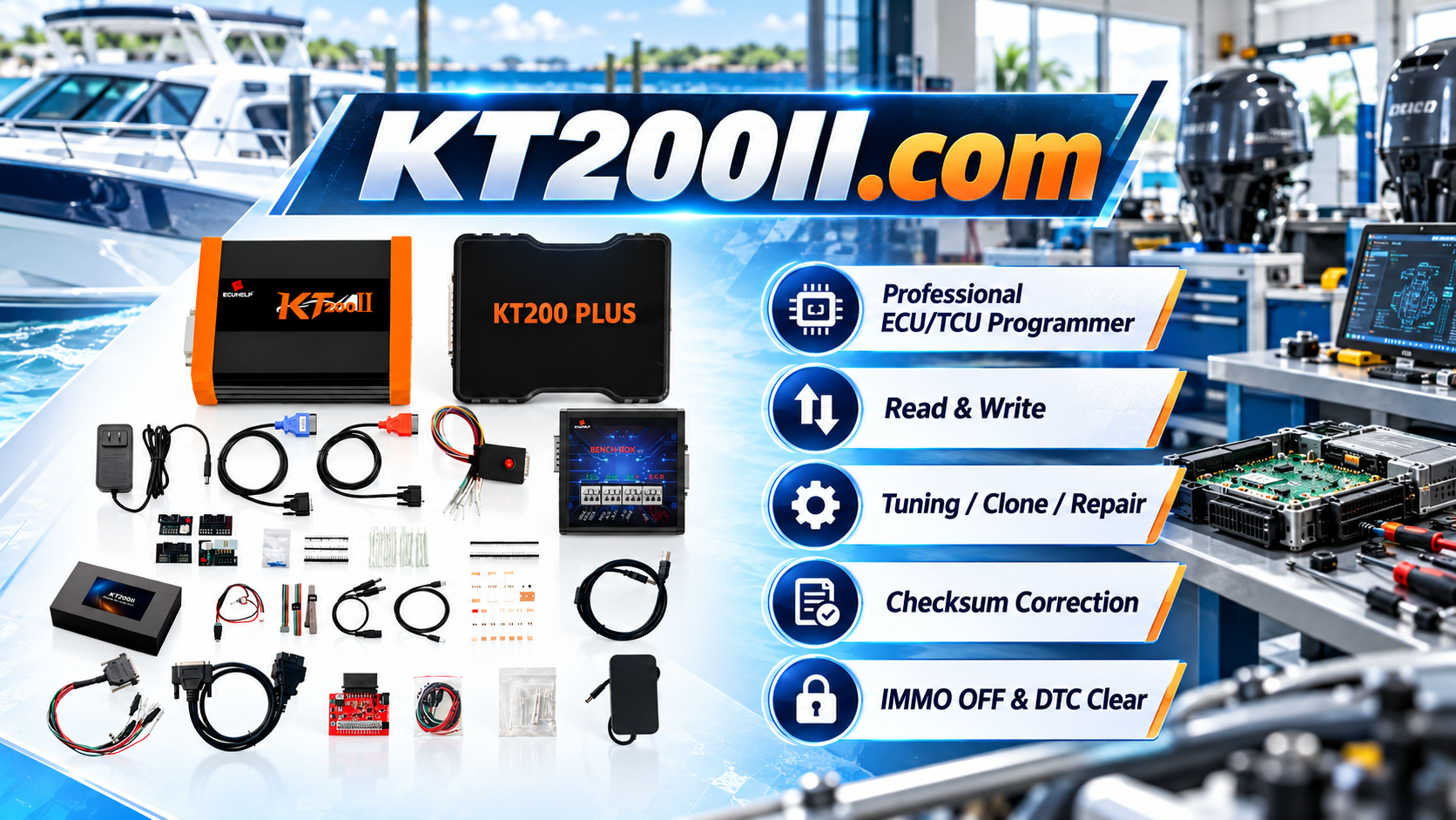 KT200II ECU programmer performing ECU cloning and replacement module programming
