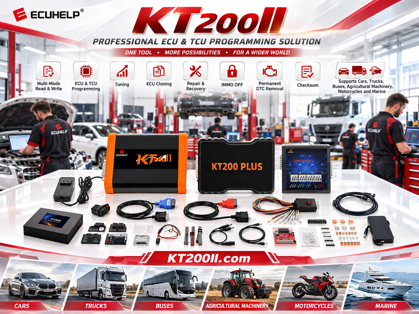 Technician comparing original and replacement ECUs before cloning with KT200II