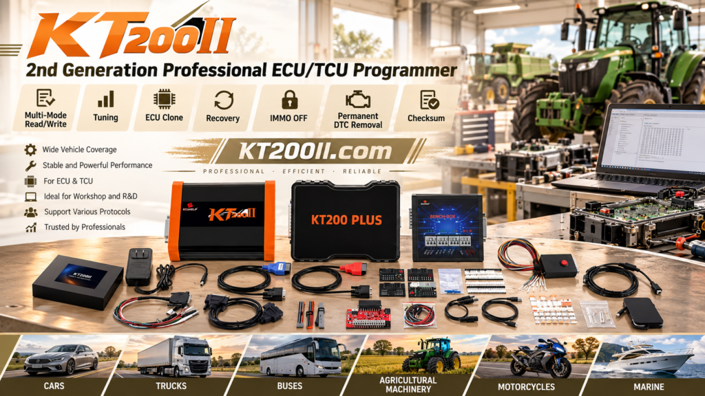 Technician testing ECU communication stability with KT200II before starting a data read operation