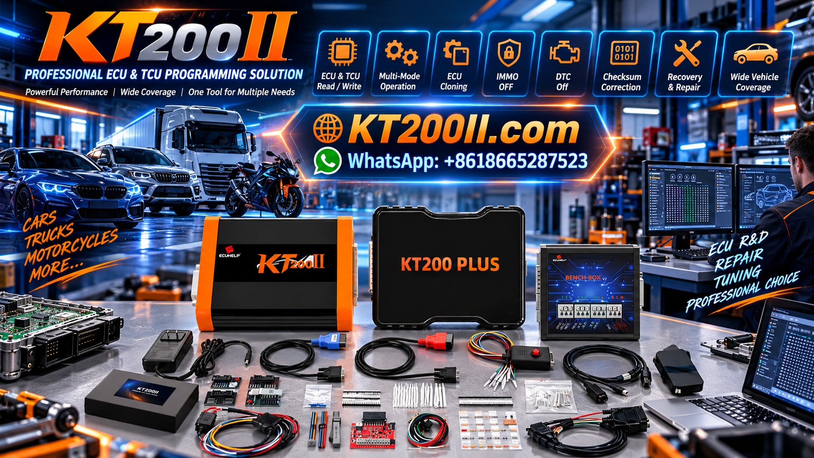 KT200II ECU programming power supply preparation and stable voltage checks in an automotive workshop