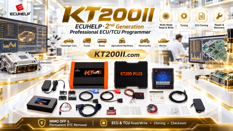 Technician performing a risk assessment before writing ECU data with the KT200II programmer