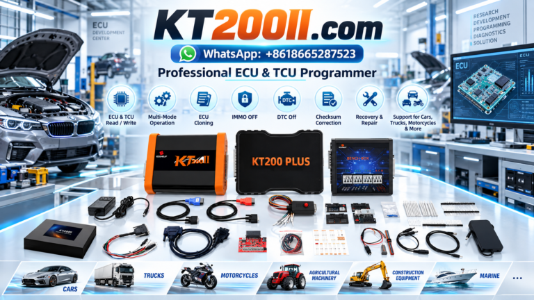 KT200II ECU programming workbench setup with programmer power supply cables and ECU