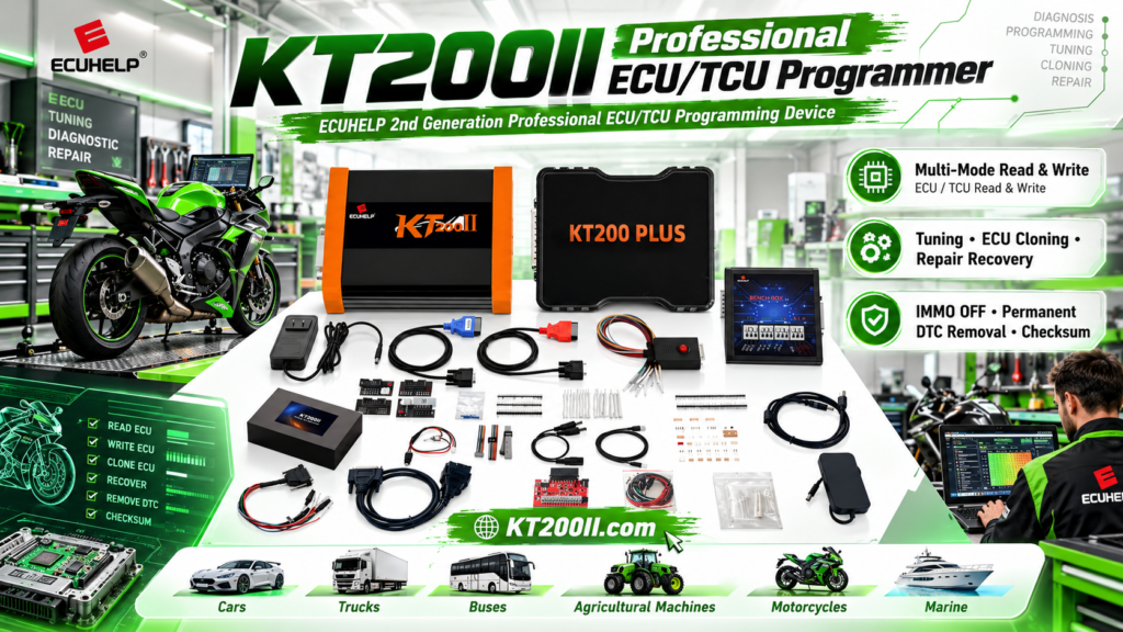 Technician organizing a KT200II ECU programming workbench with cables and ECU modules