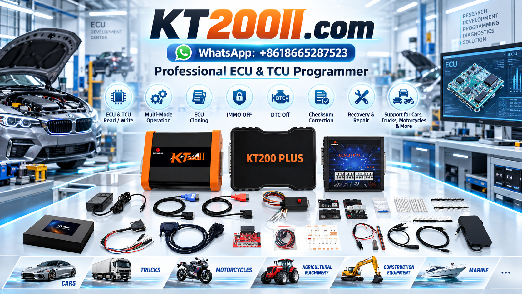 KT200II ECU programming workbench setup with programmer power supply cables and ECU