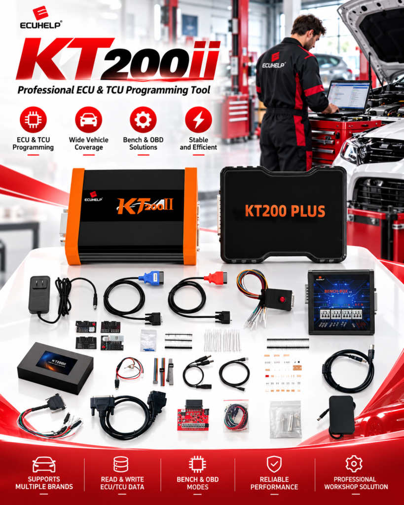 KT200II ECU programmer used in a professional ECU programming workflow