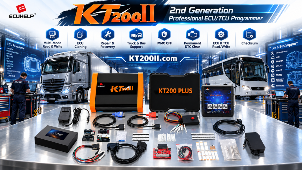Technician using KT200II to organize ECU programming jobs for a multi-vehicle fleet workshop