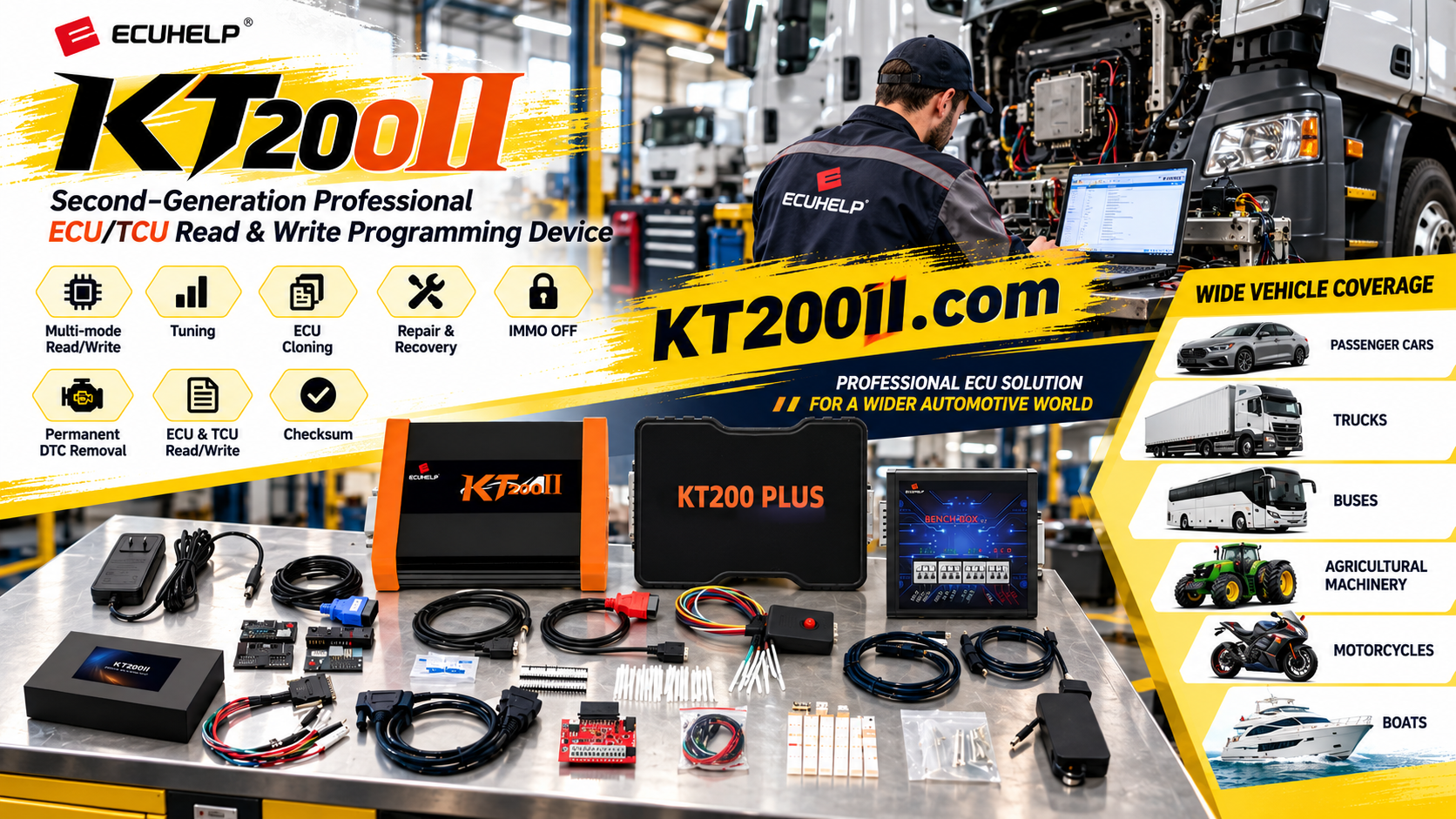 Technician assessing an interrupted KT200II ECU programming operation before recovery