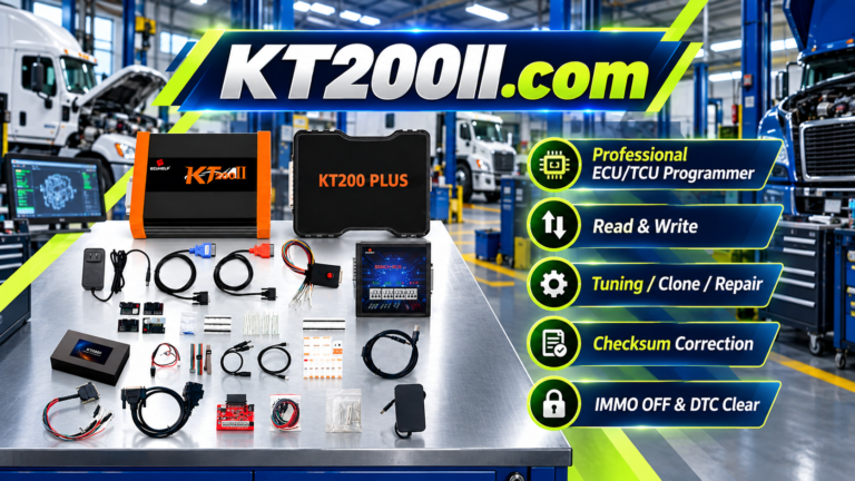 KT200II ECU programmer performing OBD ECU programming through vehicle diagnostic port