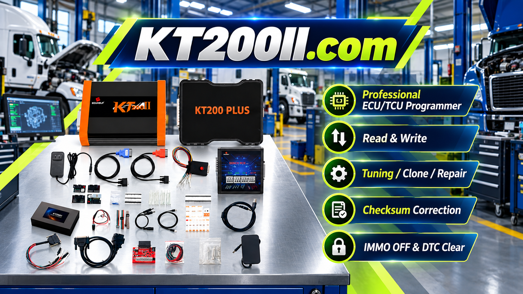 KT200II ECU programmer performing OBD ECU programming through vehicle diagnostic port