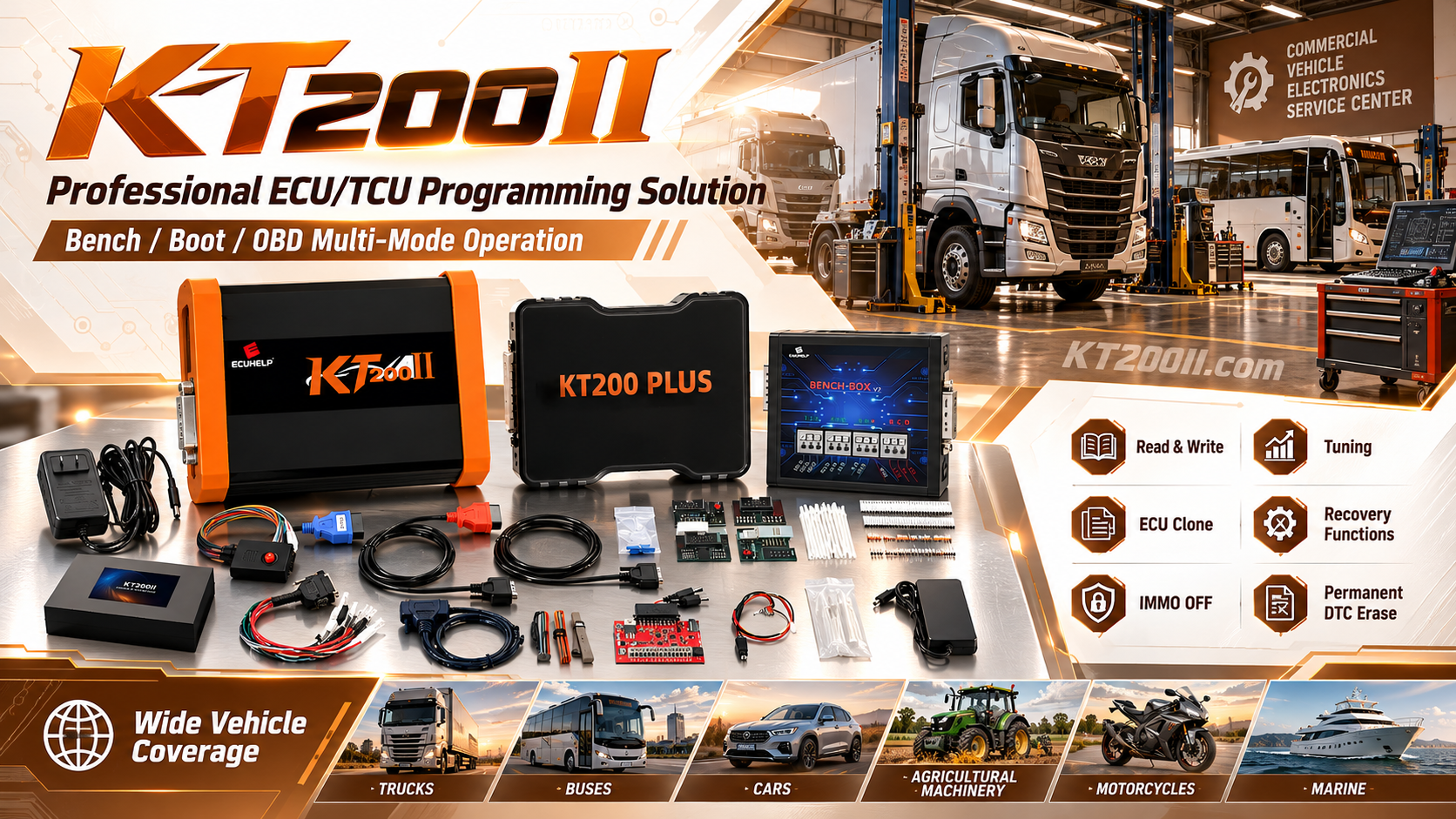 Technician comparing KT200II online and offline software versions before ECU programming
