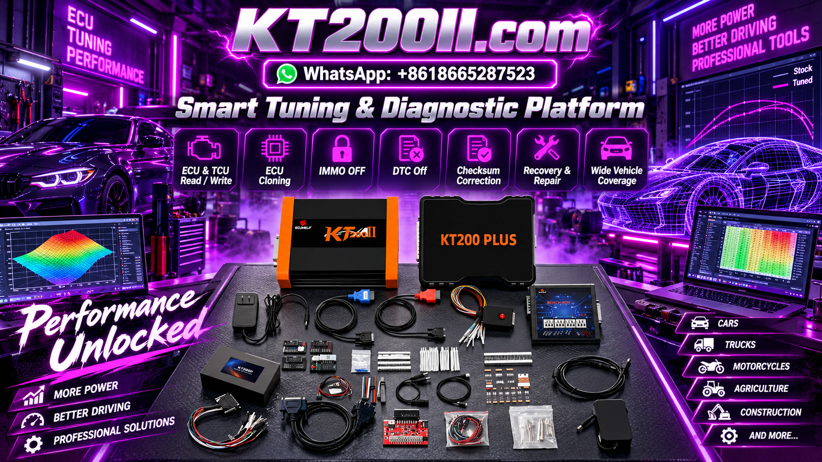 KT200II ECU programmer beside a motorcycle engine control unit and diagnostic cables on a professional motorcycle electronics workbench