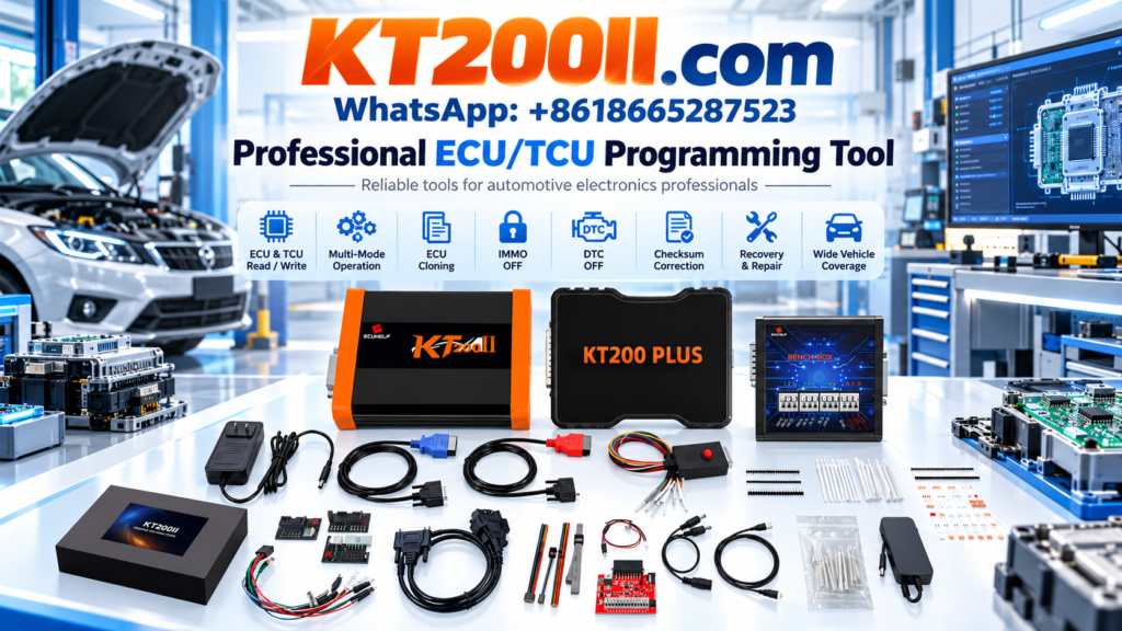 KT200II ECU programmer beside an automotive engine control unit with its identification label and laptop displaying ECU hardware number, software version and calibration identification