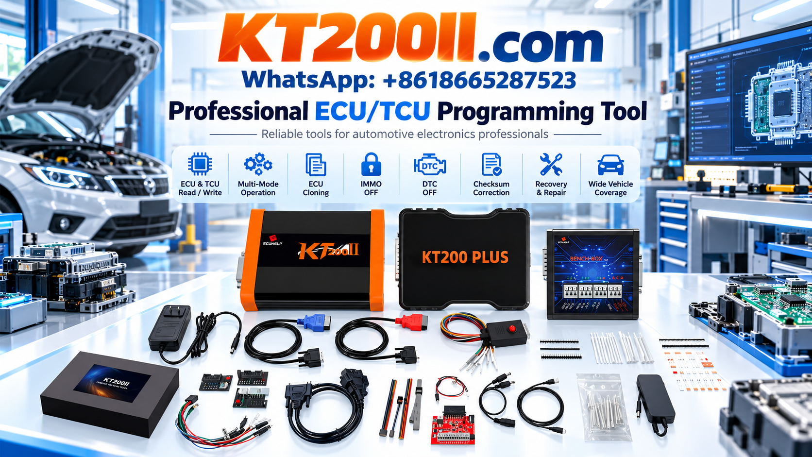 KT200II ECU programmer beside an automotive engine control unit with its identification label and laptop displaying ECU hardware number, software version and calibration identification